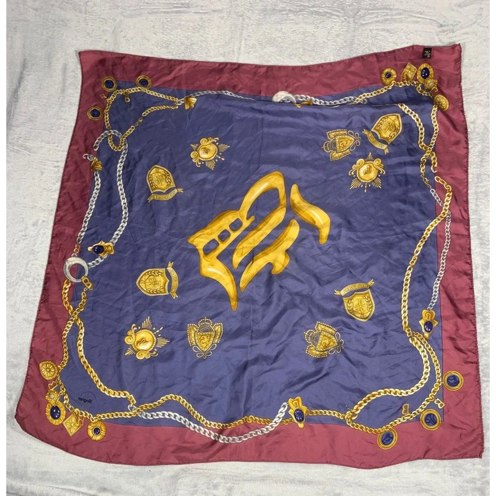 Bogner Vintage Silk Square Scarf Blue Burgundy Gold Chain Crest Made in Italy